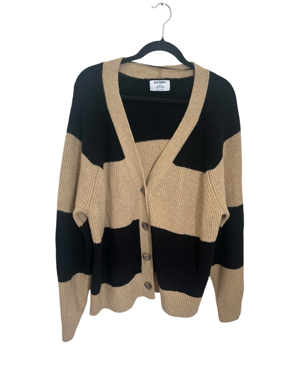 Old Navy Black and Tan Striped V-Neck Button Cardigan Sweater Sz XXL